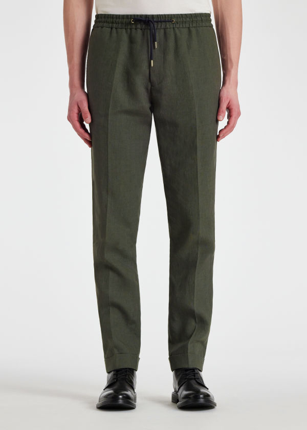 Olive Green Linen Drawstring Trousers
